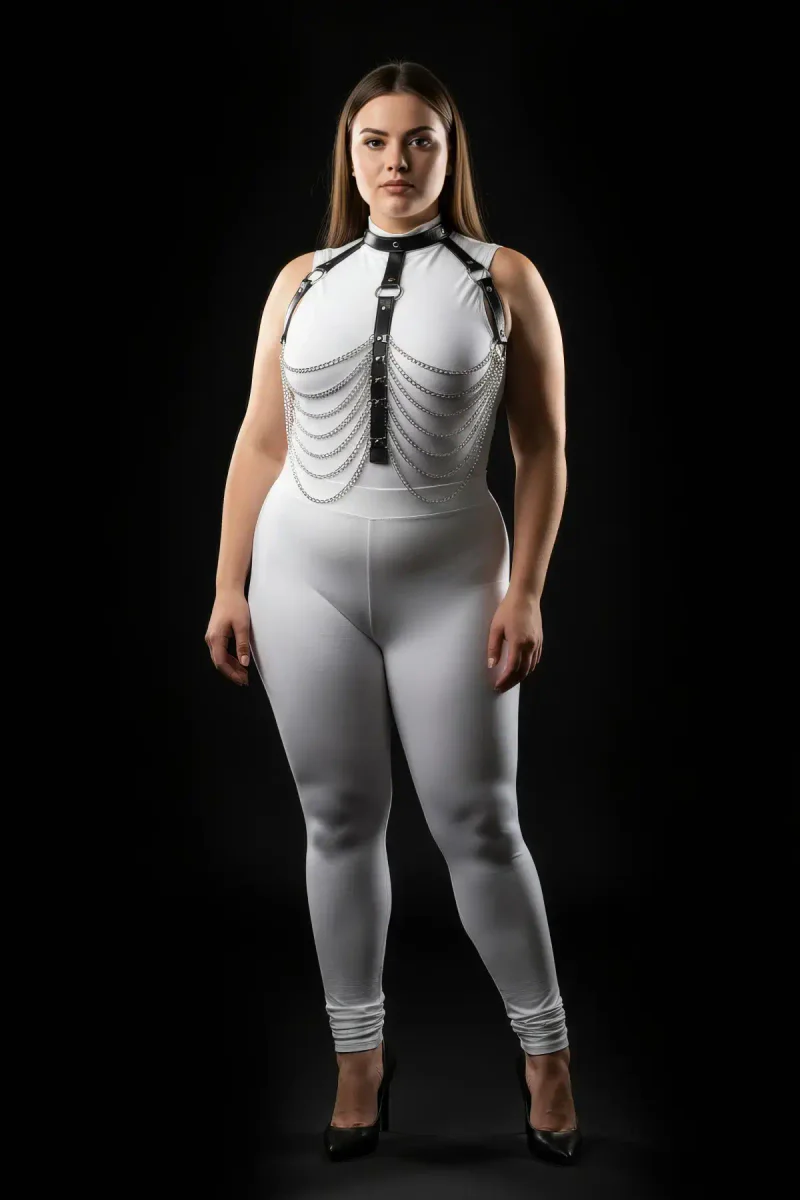 Plus size model wearing black faux leather chained body harness front view