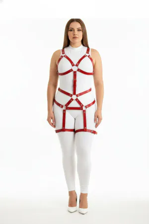 Red Faux Leather Full Body Harness with O-Rings Plus Size Model