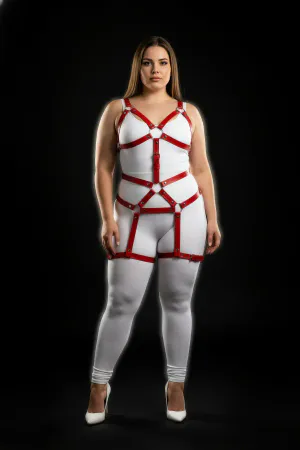 Red Faux Leather Full Body Harness with O-Rings Plus Size Model