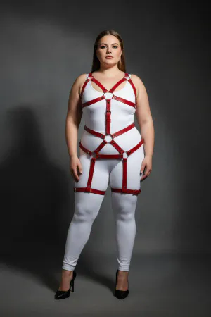 Red Faux Leather Full Body Harness with O-Rings Plus Size Model