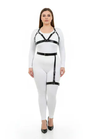 Black Faux Leather Harness Bra and Thigh Garter Set, Plus Size Model
