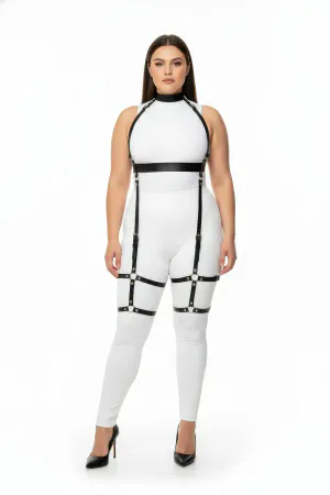 Black Faux Leather Full Body Harness with Halter Neck and Thigh Garters