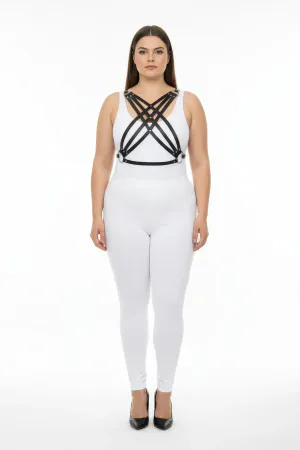 Büyük Beden Siyah Kadın Deri Görünümlü Harness Takım Ayarlanabilir Vücut Aksesuarı - APFT867