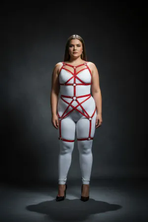 Büyük Beden Kırmızı Kadın Harness Takım Full Body Deri Fantezi Aksesuar - APFT894