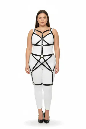 Büyük Beden Siyah Kadın Full Body Deri Harness Takım Metal Detaylı Vücut Aksesuarı - APFT894