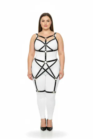 Büyük Beden Siyah Kadın Full Body Deri Harness Takım Metal Detaylı Vücut Aksesuarı - APFT894