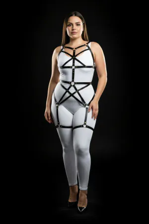 Büyük Beden Siyah Kadın Full Body Deri Harness Takım Metal Detaylı Vücut Aksesuarı - APFT894