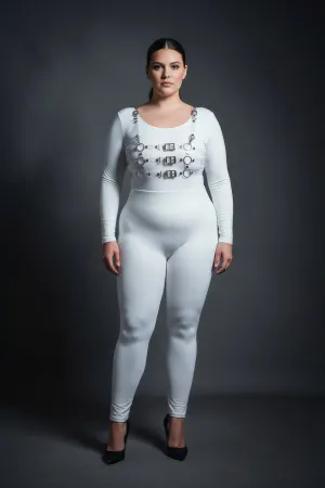 White Vegan Leather Body Harness Women with Silver Buckles and O-Rings