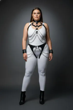 Büyük Beden Siyah Kadın Harness Takım Zincir Detaylı Deri Fantezi Aksesuarı - APFT1067