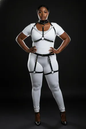 Black Faux Leather Full Body Harness with Choker, Chain, and Thigh Garters