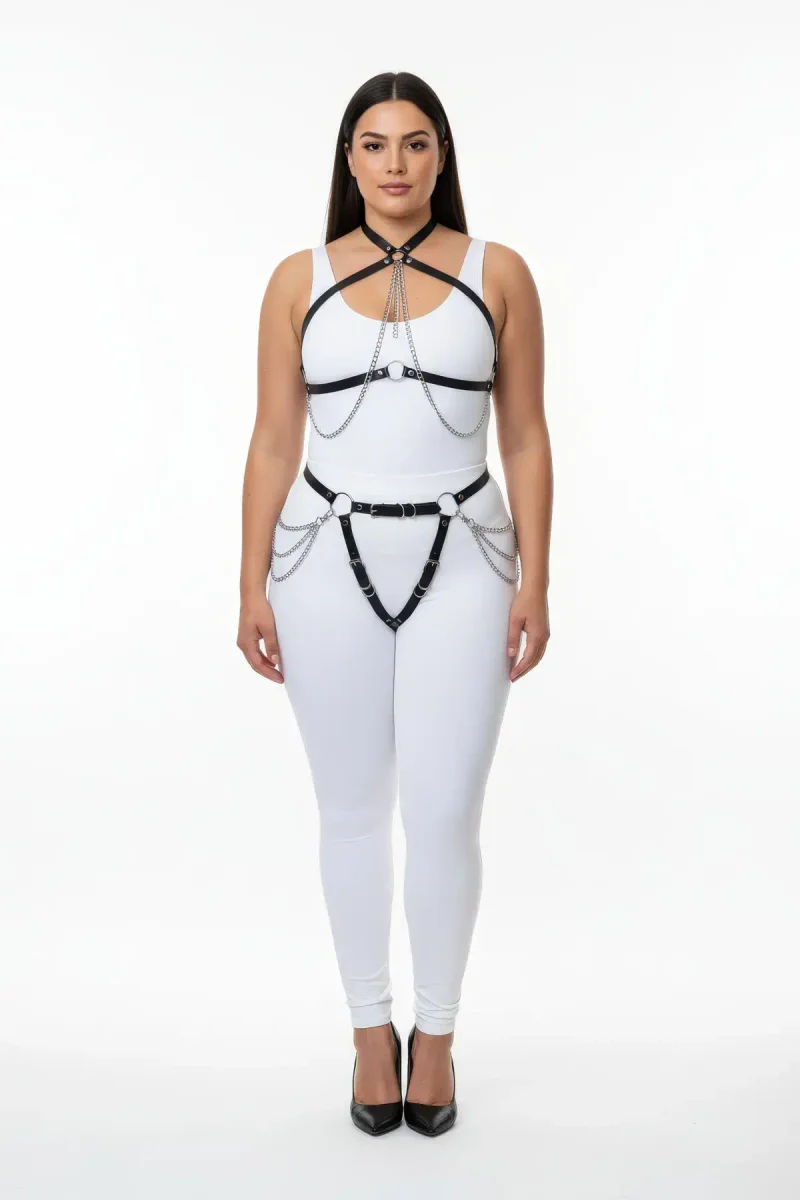 Black Faux Leather Full Body Harness with Chain Accents Adjustable Straps