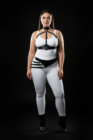 Black Faux Leather Full Body Harness with Diagonal Waist Belt and Studs