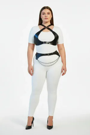 Black Faux Leather Harness Set with Layered Waist Chain Front View