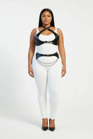 Black Faux Leather Harness Set with Layered Waist Chain Front View