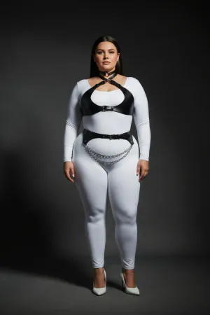 Black Faux Leather Harness Set with Layered Waist Chain Front View