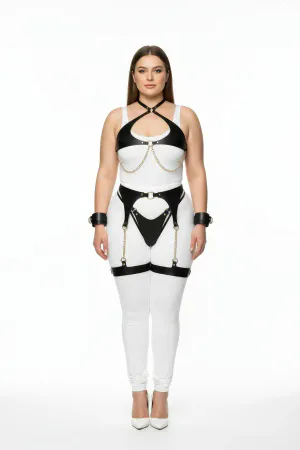Büyük Beden Siyah Kadın Harness Takım Zincir Detaylı Jartiyerli - APFT1219
