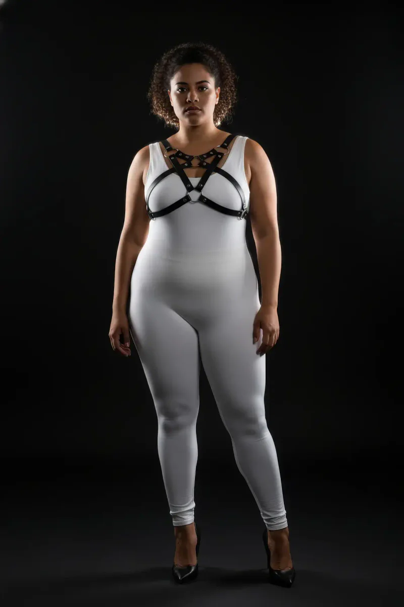 Front view of black chest harness with O-ring detail