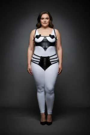 Black Faux Leather Heart Harness Set with Corset Lacing on Plus Size Model