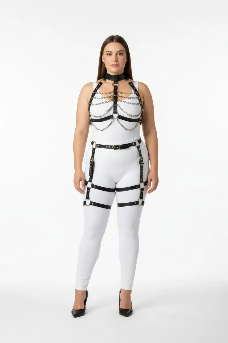 Black Faux Leather Full Body Harness Women with Chest Chains and Thigh Garters