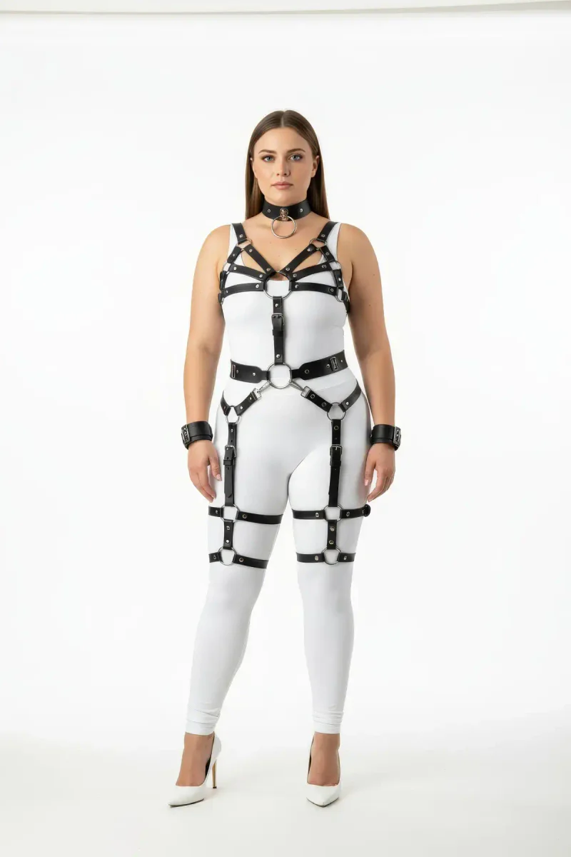 Büyük Beden Siyah Kadın Harness Takım Full Body Jartiyerli Deri Aksesuar - APFT1267
