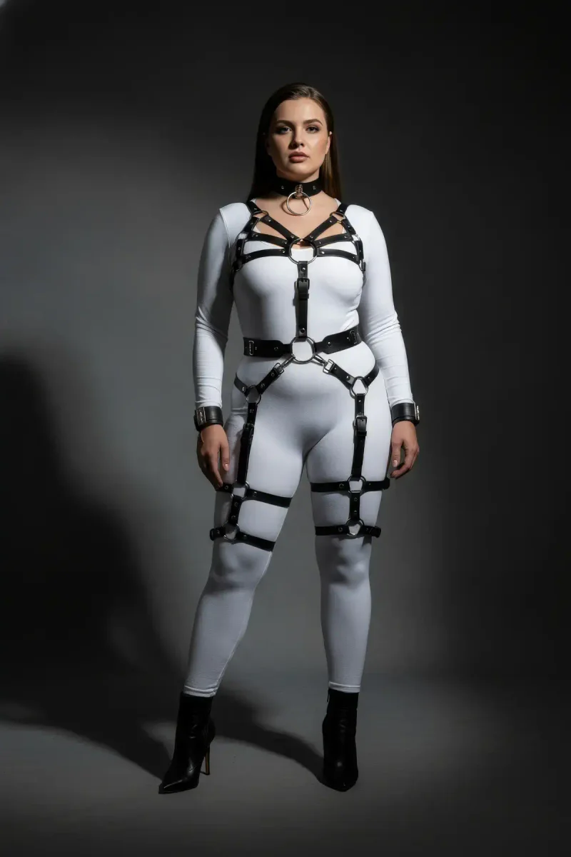 Büyük Beden Siyah Kadın Harness Takım Full Body Jartiyerli Deri Aksesuar - APFT1267