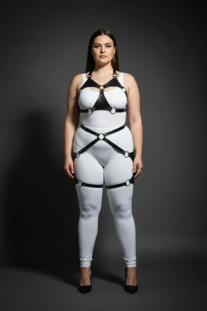 Black Faux Leather Full Body Harness for Women with Silver O-Rings