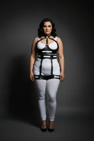 Büyük Beden Siyah Kadın Deri Harness Takım Halka Detaylı Vücut Aksesuarı - APFT1302