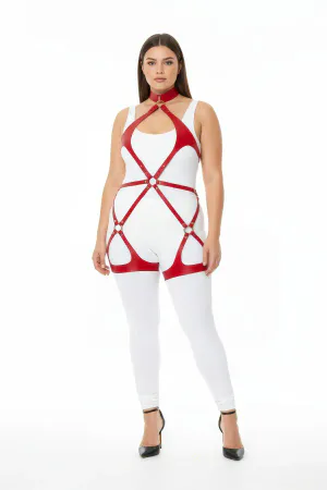 Red Faux Leather Full Body Harness with O-Ring Details and Choker