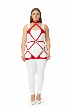 Red Faux Leather Full Body Harness with O-Ring Details and Choker