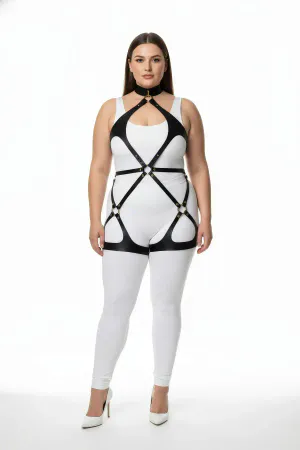 Black Vegan Leather Full Body Harness with Neck Collar and Thigh Straps on Plus Size Model