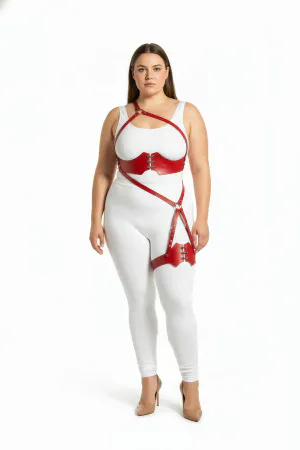 Büyük Beden Kırmızı Kadın Deri Harness Takım Jartiyer Detaylı Fantazi Aksesuar - APFT1372