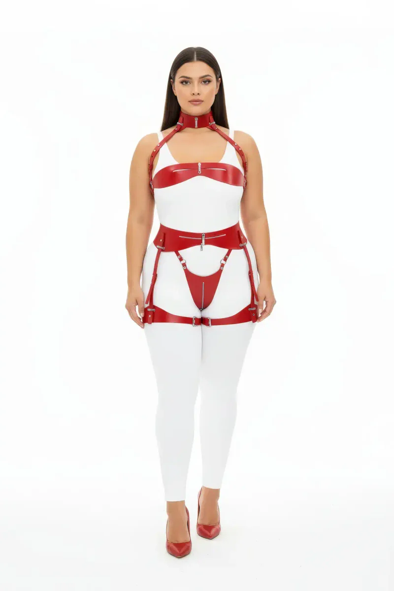 Red Patent Faux Leather Body Harness Garter Set Women Strappy Fashion