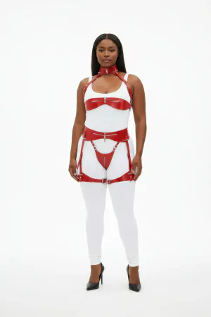 Red Patent Faux Leather Body Harness Garter Set Women Strappy Fashion