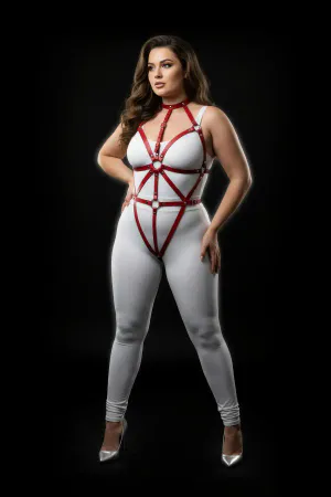 Büyük Beden Kırmızı Kadın Deri Harness Takım Fantazi Vücut Aksesuarı - APFT243