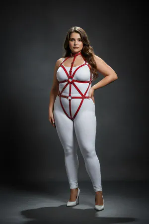 Büyük Beden Kırmızı Kadın Deri Harness Takım Fantazi Vücut Aksesuarı - APFT243