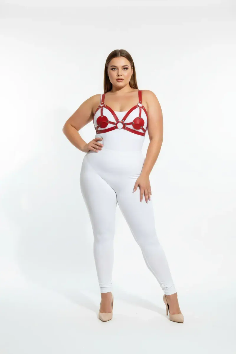 Red strappy harness with heart details visible on model