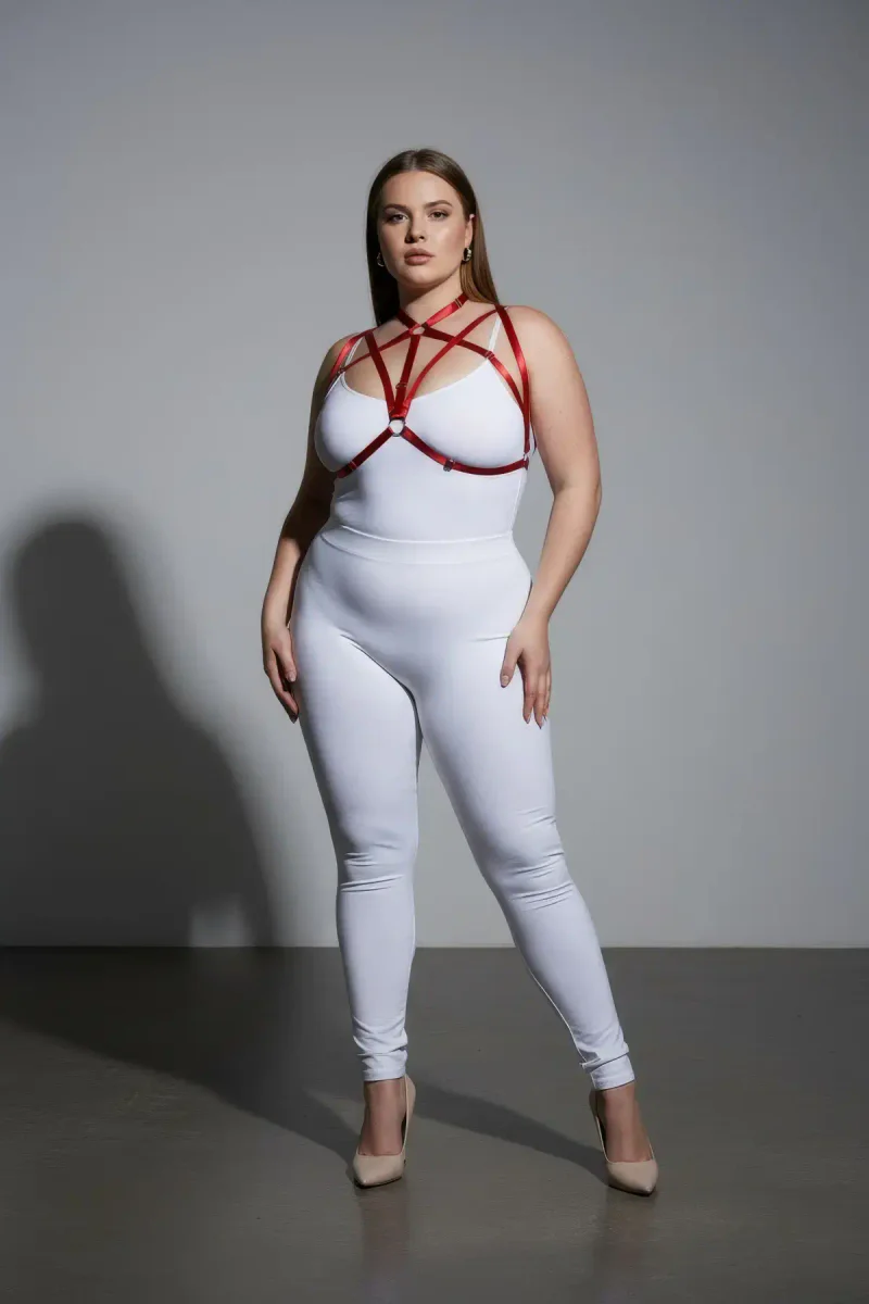 Plus-size model wearing red faux leather harness from the side