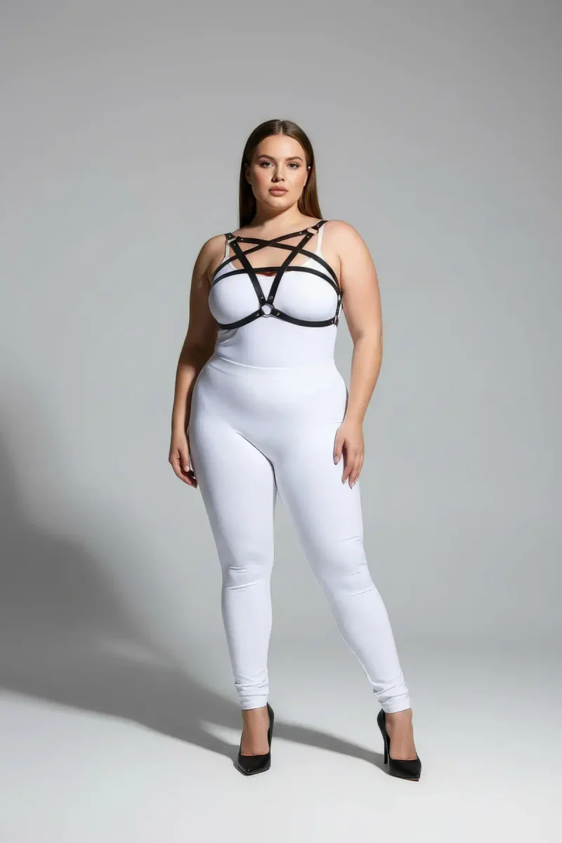Plus Size Model Wearing Black Star Chest Harness Front View