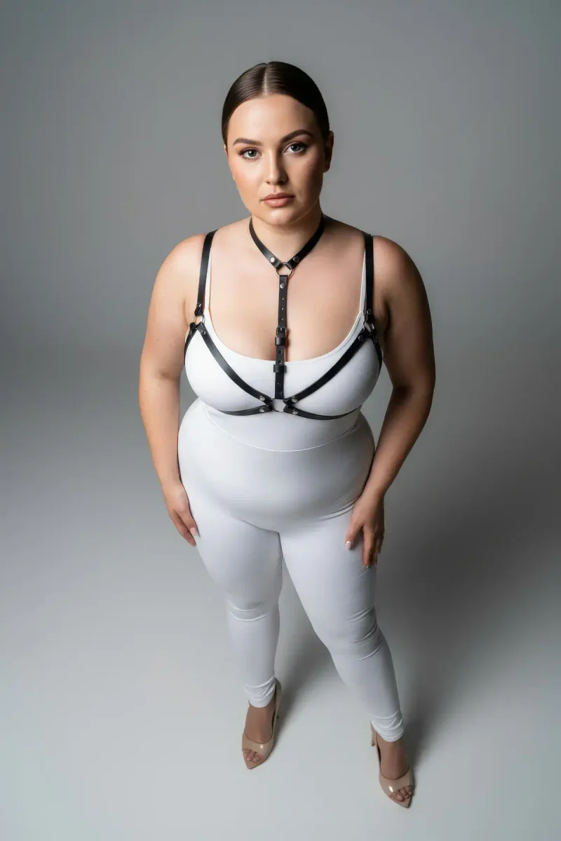 Strappy black faux leather body harness O-ring and strap connectors