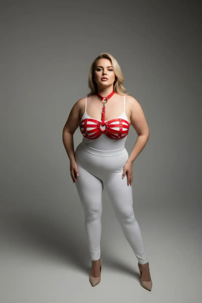 Red faux leather strappy chest harness with O-ring detail worn by a plus-size model