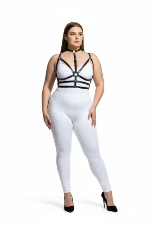 Black Faux Leather Strappy Choker Harness with O-Ring Detail on Plus Size Model