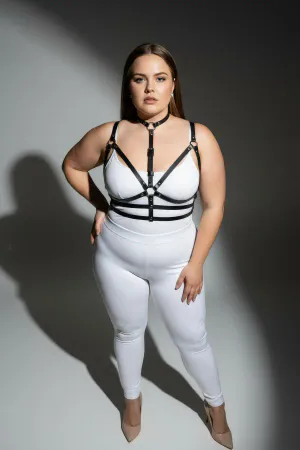 Black Faux Leather Strappy Choker Harness with O-Ring Detail on Plus Size Model