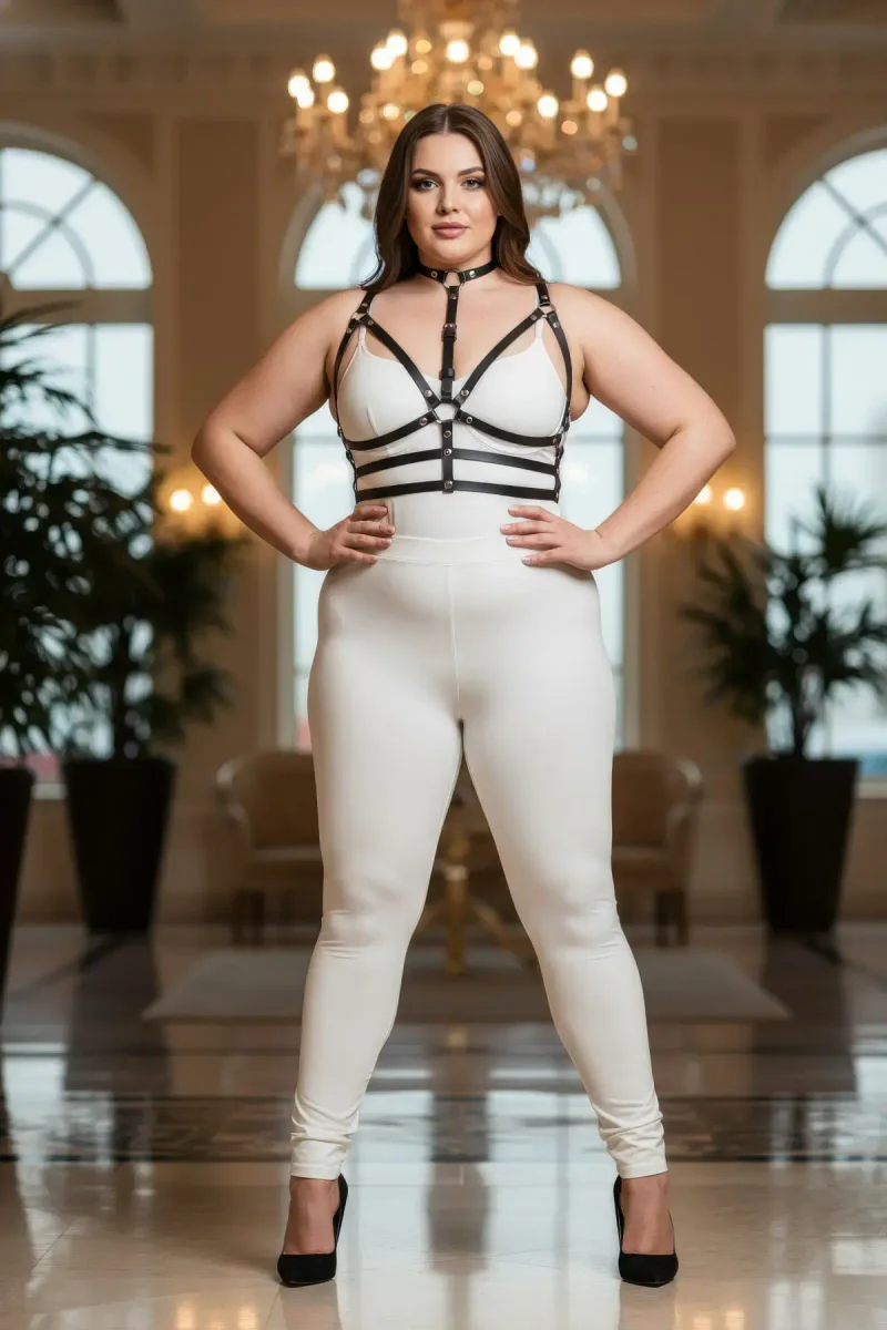 Black faux leather harness styled with white bra and leggings