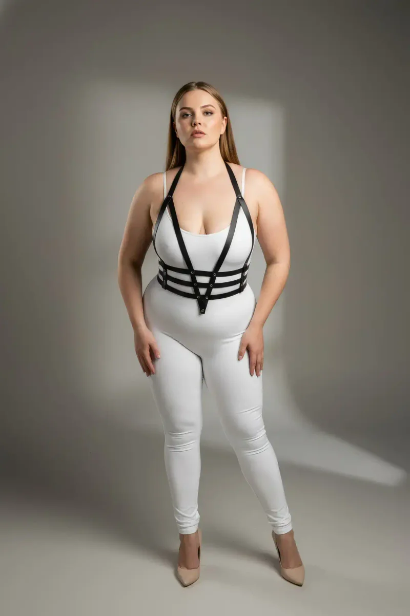 Front view of black vegan leather V-strap body harness on model
