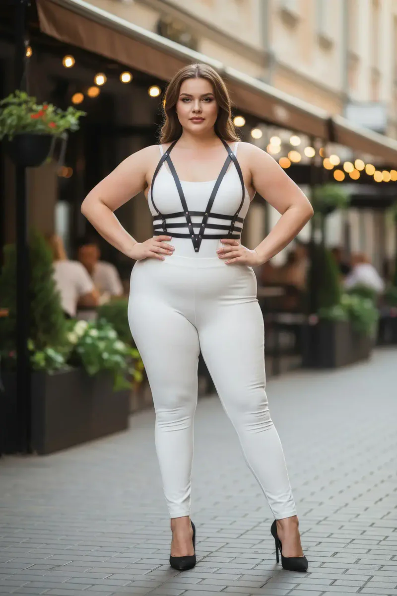 Model wearing black vegan leather body harness with white outfit