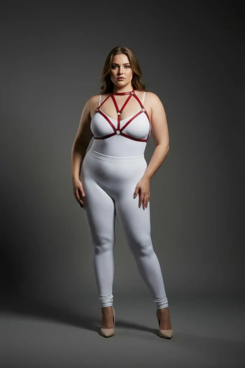 Red faux leather body harness with O-ring detail and adjustable straps