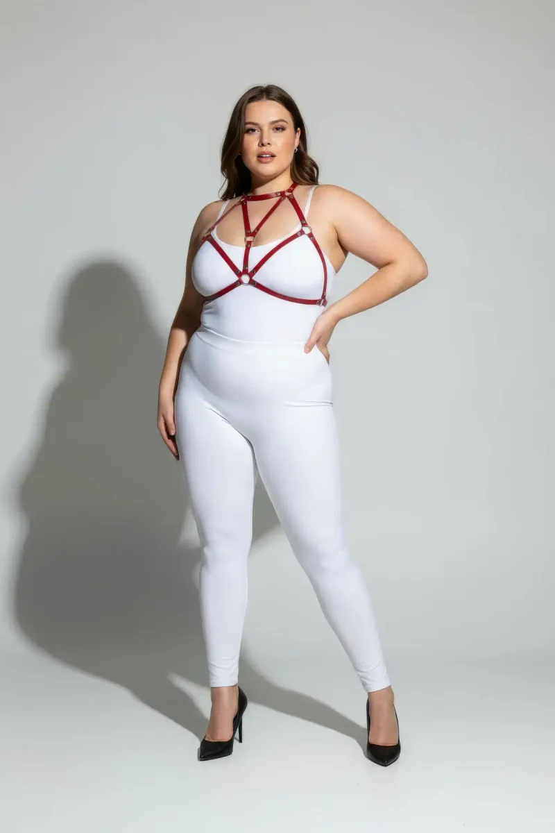 Red strappy body harness with o-ring detail on model front view.