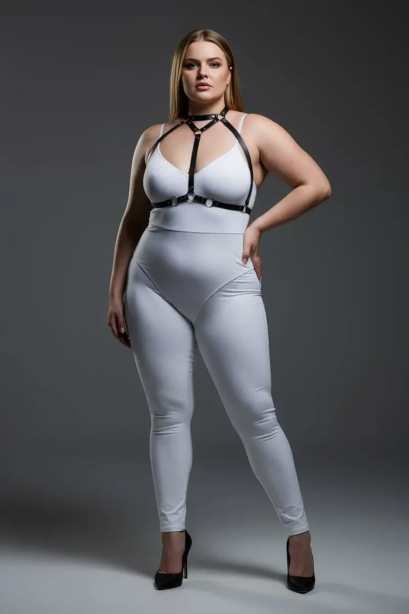 Strappy body harness black silver o-rings front view with adjustable straps