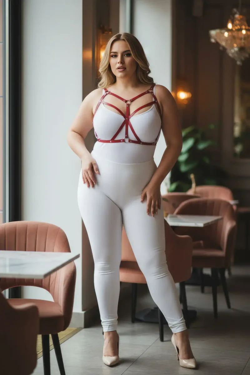 Red strappy harness flat lay showing adjustable components