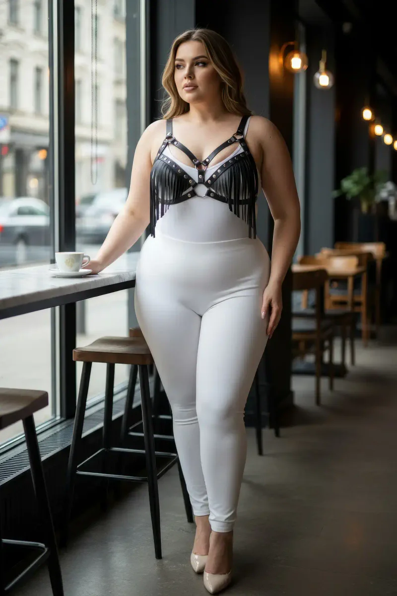 Black faux leather fringe harness o-ring detail with white bodysuit styling suggestion